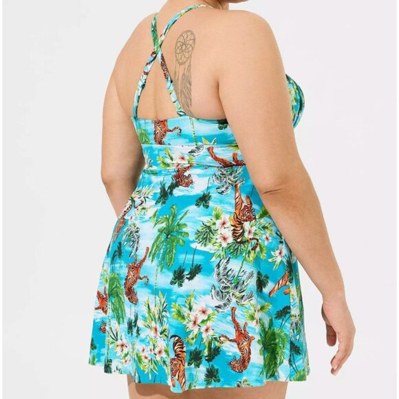 Torrid NWT Retro Wireless Long Ruched Swim Dress 3X Tiger Tropic Print Colorful - Picture 4 of 16